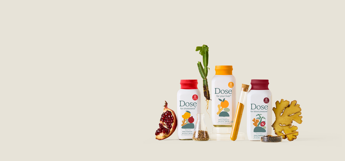 Dose product bottles for cholesterol, liver, and blood pressure with botanical ingredients