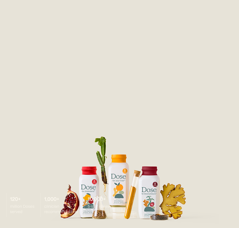Dose product bottles for cholesterol, liver, and blood pressure with botanical ingredients